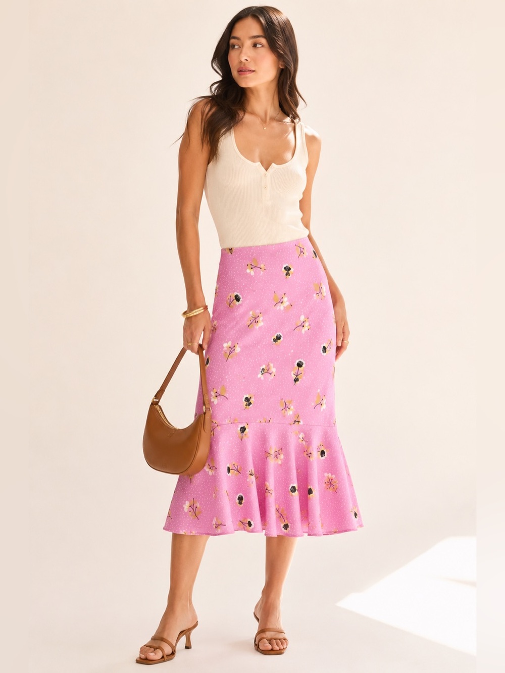 Y2K Floral Polka Dot Siren Midi Skirt Ruffle Hem NWT Tristan Lined Viscose Sz 4